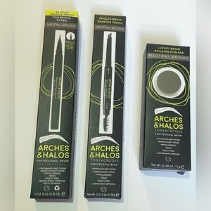 Arches & Halos set, Neutral Brown: building pomade, fine tip pen, angled pencil